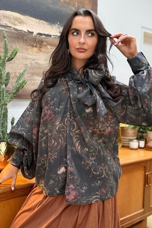 Zeta Otto Tapestry Neck Tie Blouse /6=